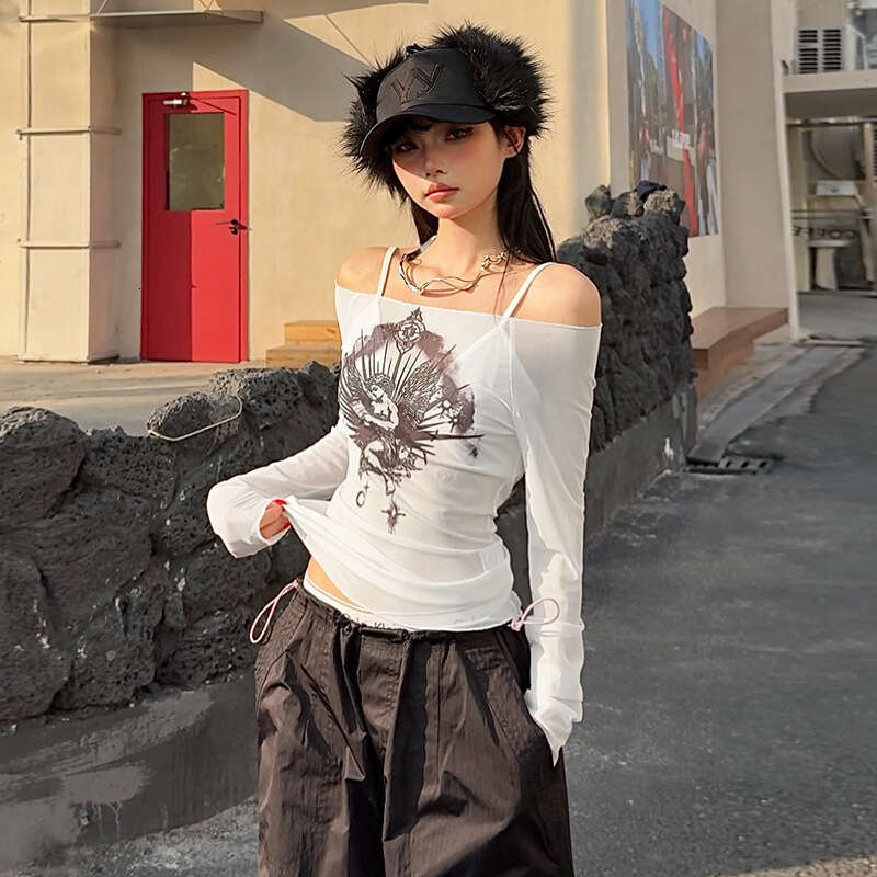2025 Spring New Women's Solid Color Slim Street Fashion Off-Shoulder Long Sleeve Printed Top 4fa