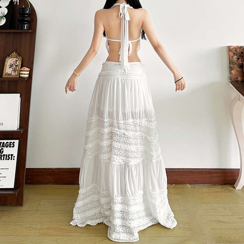 2025 Spring New Women's Solid Color Halter Neck Backless Vest Fashion High Waist Skirt Set a73