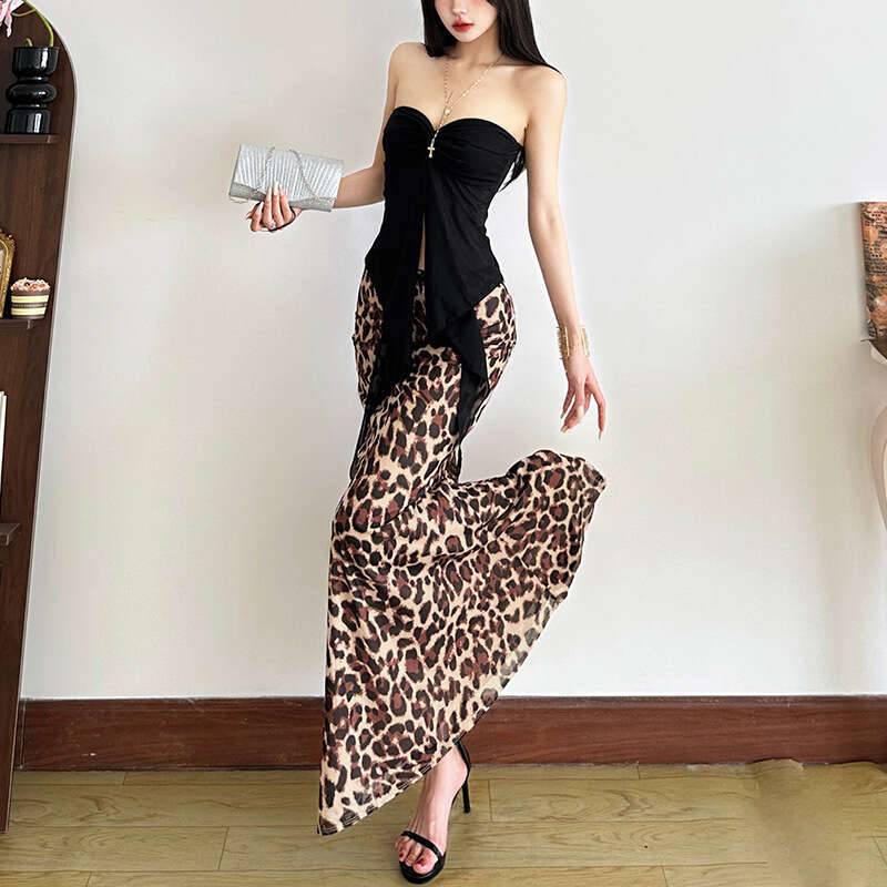 2025 Summer New High-End Leopard Print Slimming High-Waisted Midi Off-Shoulder Sleeveless Backless Strap Dress 683