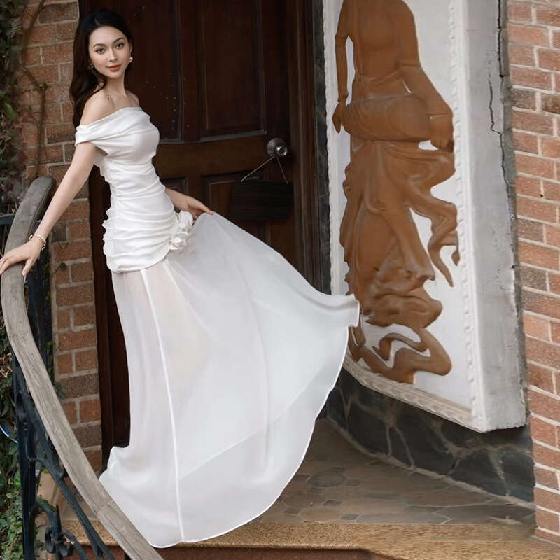 2025 Summer New Pure Desire White Off-Shoulder Strapless Mesh Long Dress for Women 76a