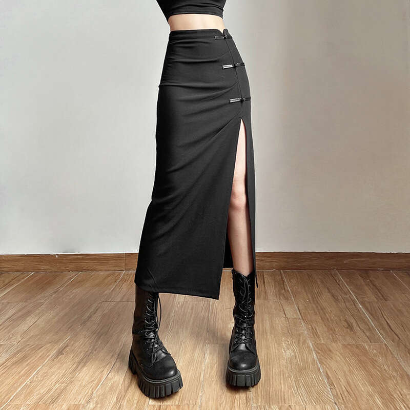 2022 Autumn New Women's Solid Color Slim High Waist Fashion Split Mid-Length Skirt 073