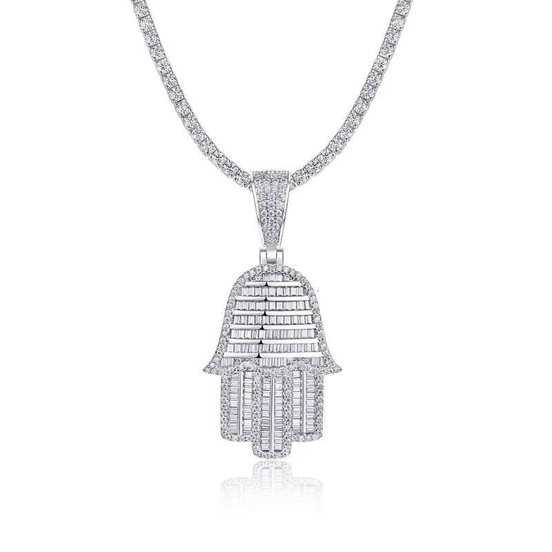 Iced Out Moissanite Pendant Hamsa Hand Necklace S925 Silver with 18K Gold Plating Emerald Cut Hip Hop Jewelry for Rappers Chain