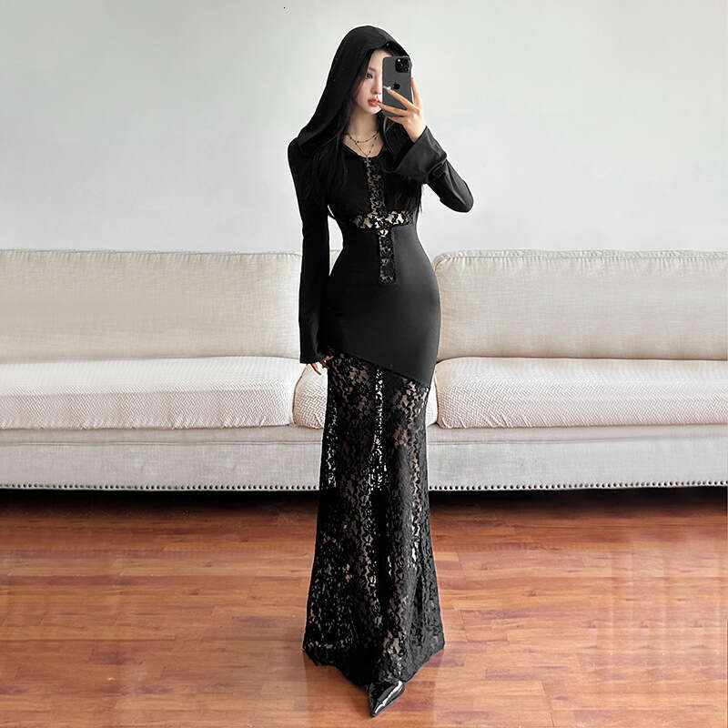 2024 Autumn New Women's Solid Color Slim High Waist Street Fashion Hooded Long Sleeve Dress 3c9
