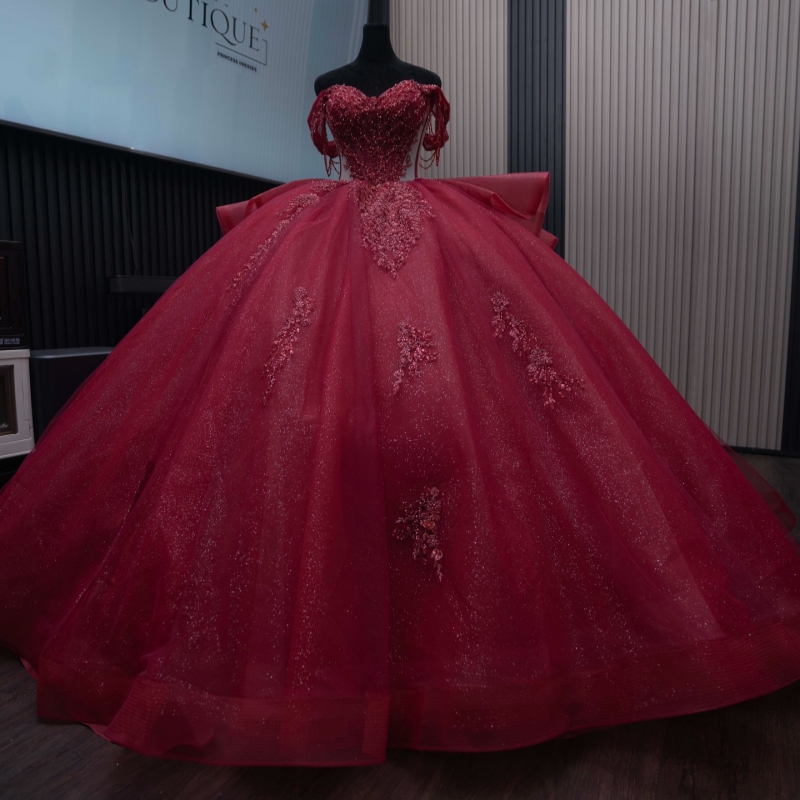 Red Shiny Quinceanera Dresses Ball Gown Off The Shoulder Sequin Applique Beading Tull Party Birthday Sweet 16 Dress Vestidos 15 De Anos