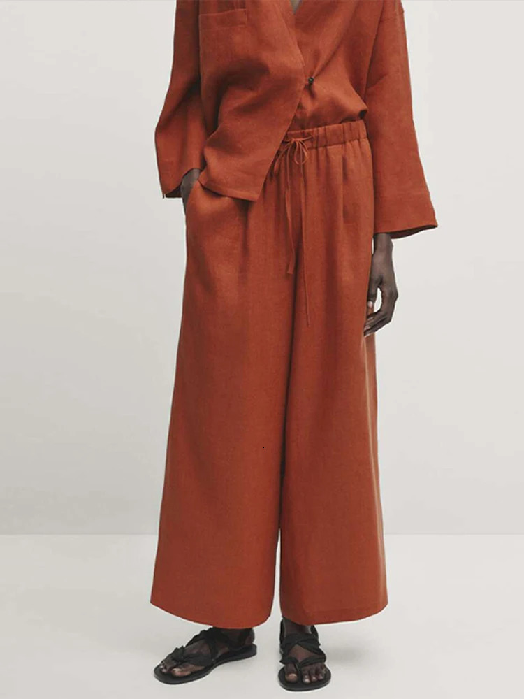 Spring Womens Chic Two-Piece Set Linen V-neck Long Sleeve Covered Button Top Lace Up Wide Leg Pants Female Commute Outfit 250723