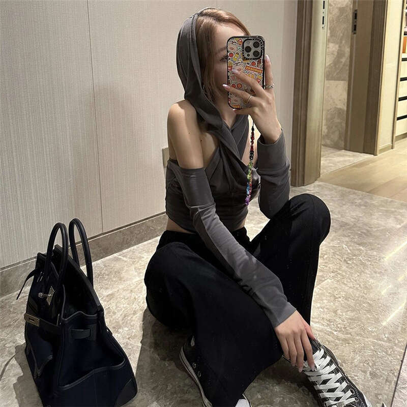 2023 Summer New Women's Solid Color Slim Fit Crop Top Street Fashion Hooded Long Sleeve T-Shirt ee7