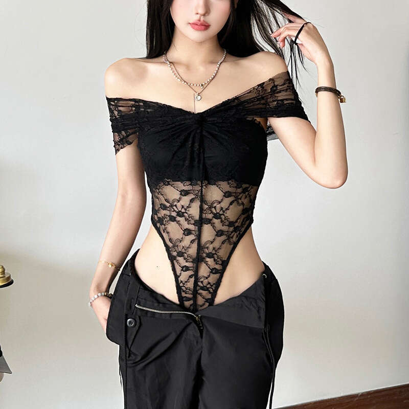 2025 Spring New Women's Solid Color Slim Fit Fashion Off-Shoulder Lace Mesh Jumpsuit 8af