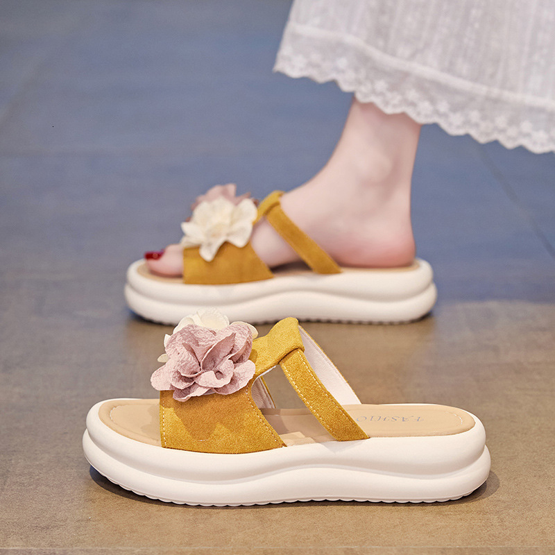 Ddmysports French Style New Women S Sandals Summer Thick Sole Sweet Flower Slippers Outdoor Fashion Versatile Wide Foot Roman Shoes Outdoor Shoes