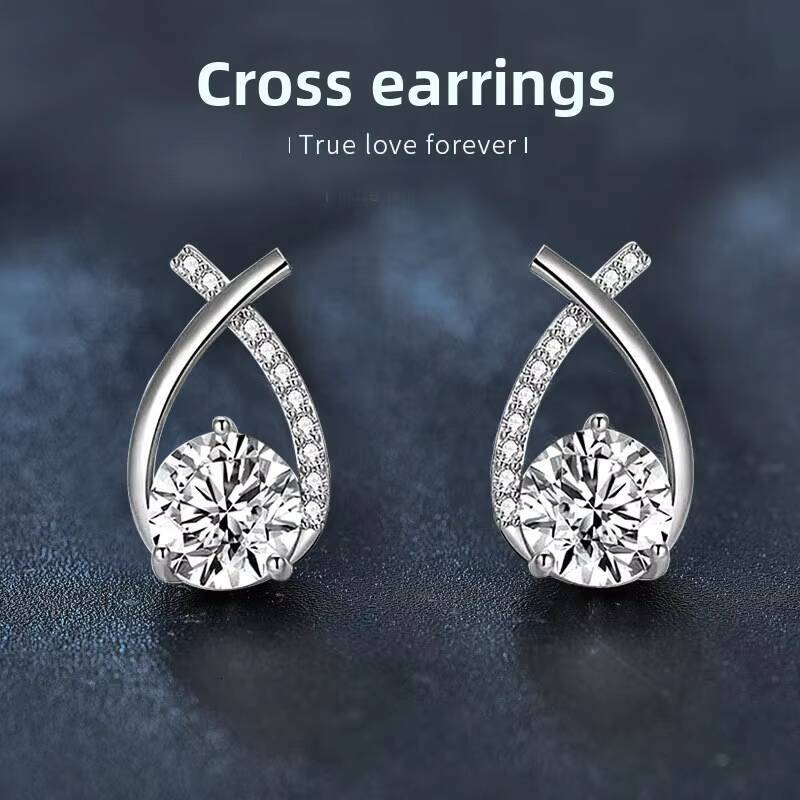 Wholesale 925 Sterling Silver Moissanite Earrings Elegant Fishtail Cross Design Versatile Girls Internet Celebrity Accessory