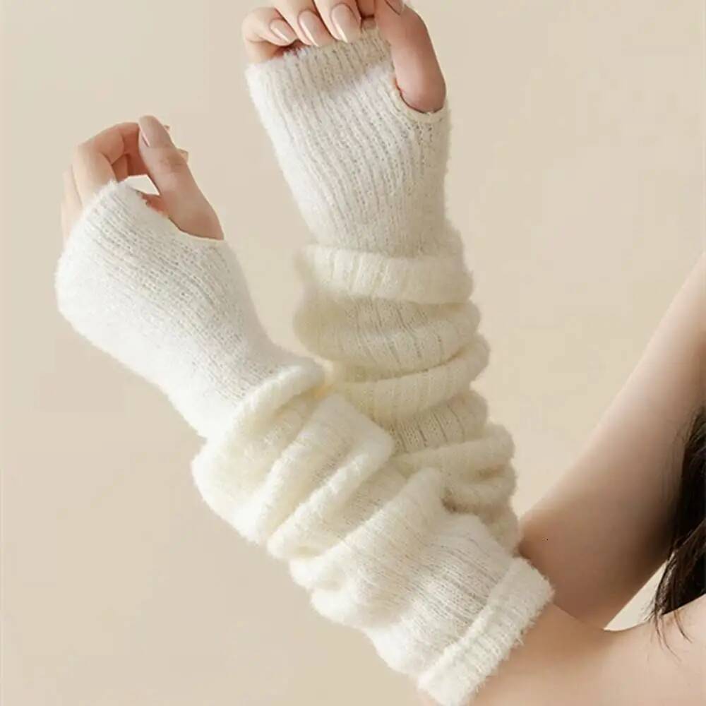 Hot Sale Mink Fleece Fingerless Women's Soft Winter Warm Solid Color Plush Knitted Gloves Lolita Jk Arm Warmer Y2K ddmythur