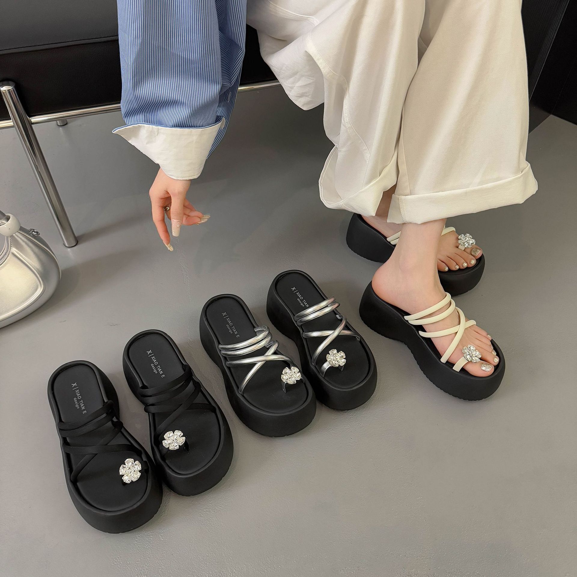 Ddmysports Fairy Style Beach Thick Sole One Strap Sandals For Women Outdoor Wear New Small Size Height Increasing High End Summer Outdoor Shoes