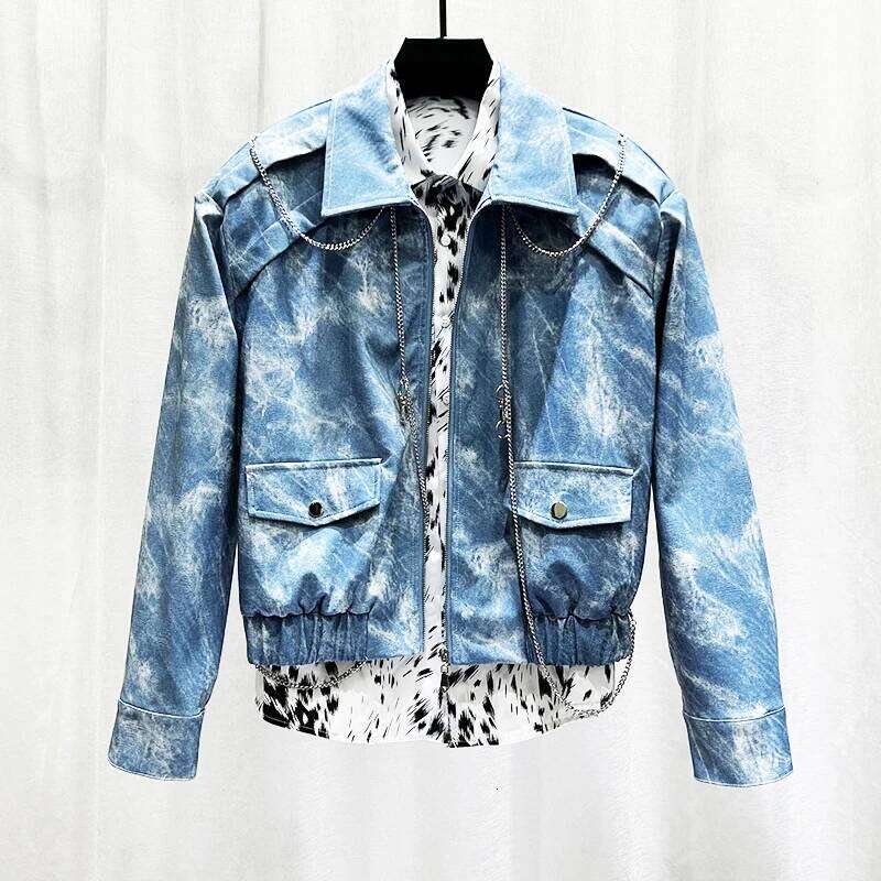2025 Autumn Winter New Male Chain Design Shoulder Padded Short Two-Piece Men's Trendy Loose Denim Jacket Trousers Set