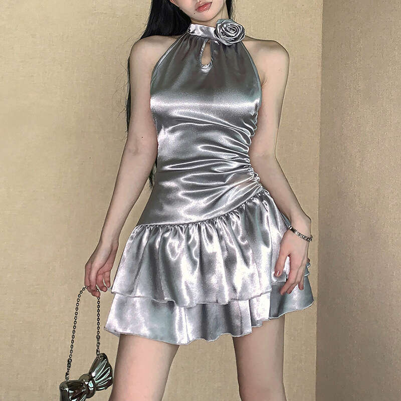 2023 Summer New Women's Solid Color Sexy Sleeveless Halter Neck High Waist Ruffle Dress 9f5