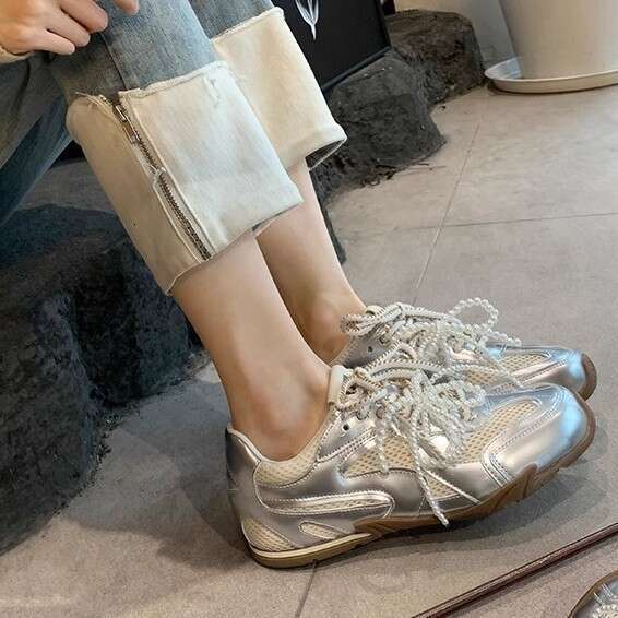 2025 Spring New Thick-Soled Sports Comfortable Soft Sole Breathable Dad Pearl Lace-Up Silver Casual Women's Shoes