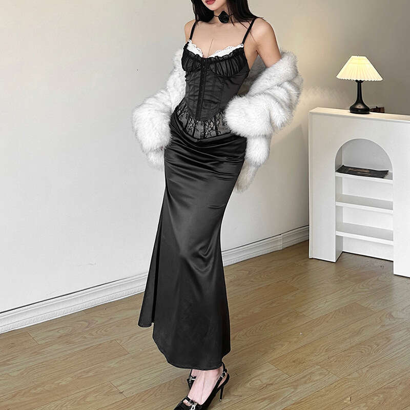 2023 Autumn Winter New Women's Solid Color Slim Fit Bodycon Street Fashion High Waist Pleated Skirt cd2