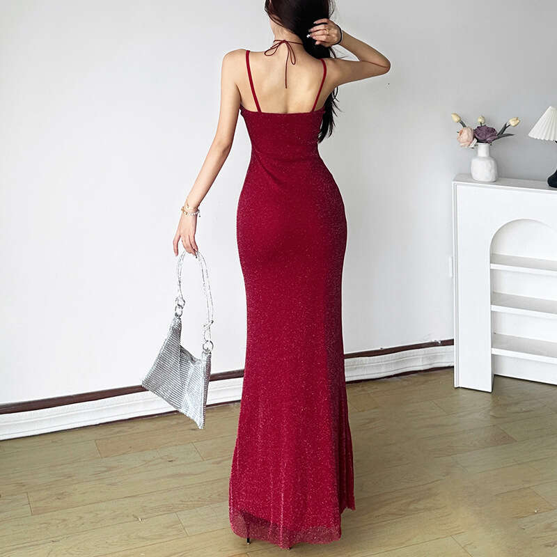 2024 Autumn New Women's Solid Color Slim High Waist Fashion U-Neck Strap Backless Dress 3c9