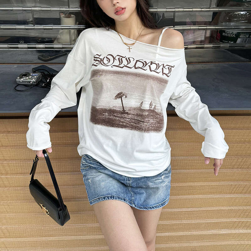 2024 Summer New Women's Solid Color Loose Street Fashion Asymmetrical Neck Long Sleeve Mid-Length Top ca8