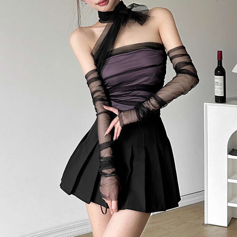 2024 Spring New Fashion Mesh Sleeve Set Silk Scarf Tie Strap Tube Top Backless Vest bf6