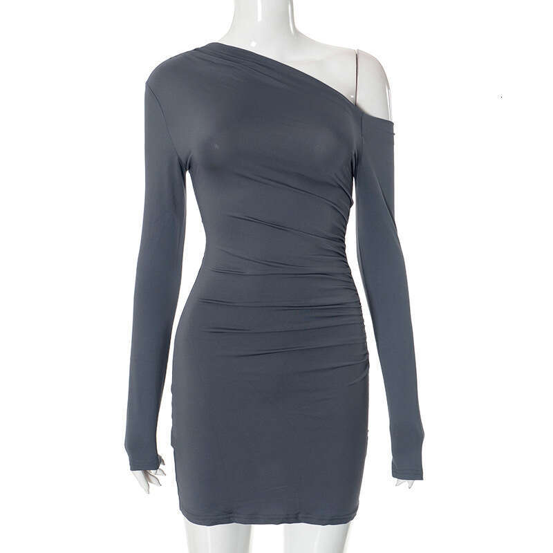 Qds375 Women's Autumn New Solid Color Long Sleeve One-Shoulder Asymmetrical Neck Sexy Bodycon Dress B5