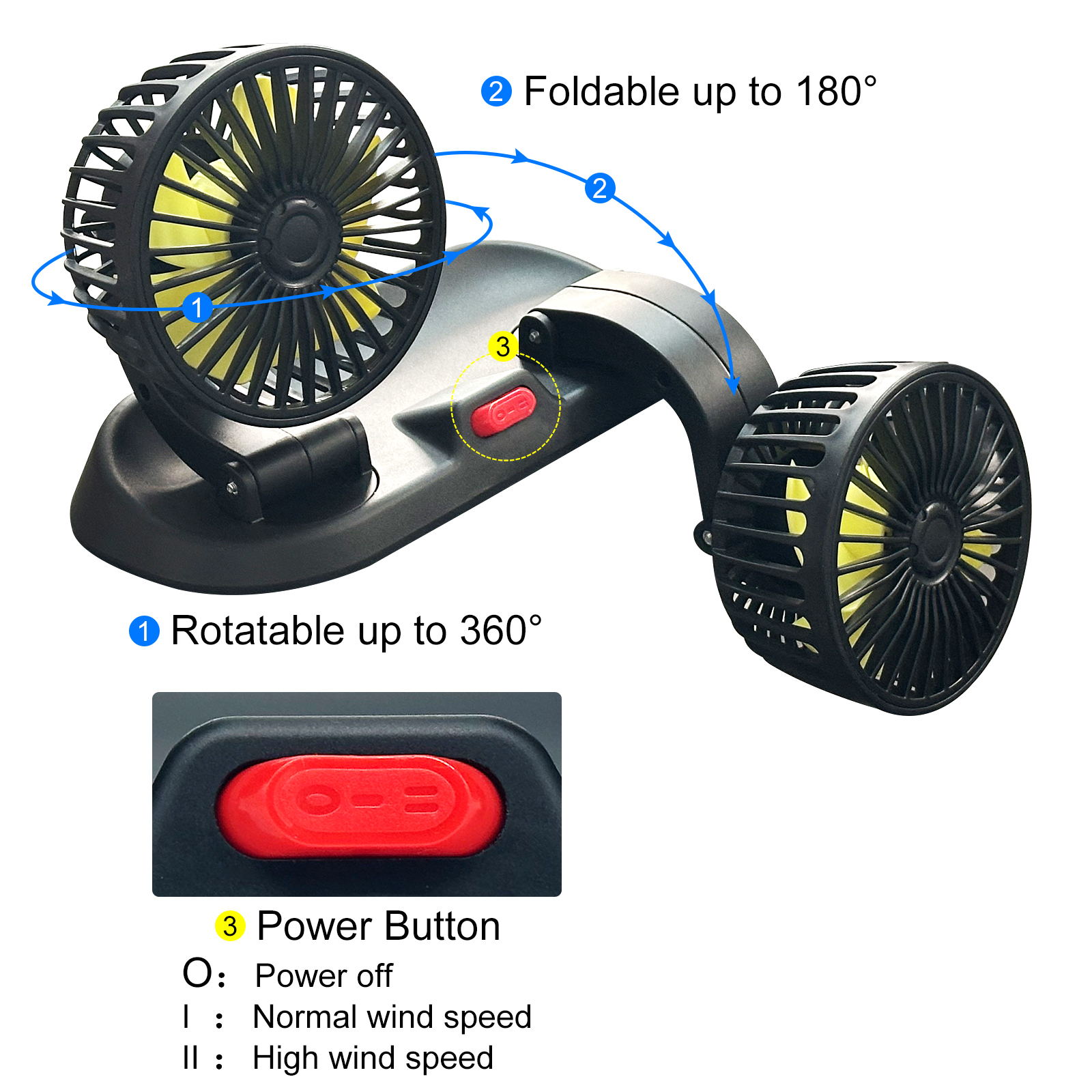 Adjustable Car Cool Fan, Dual Head Design, 2-speed Adjustable, 360° Rotating Portable Car Fan,12V Cigarette Lighter Powered, Suitable for Caravan, Sed