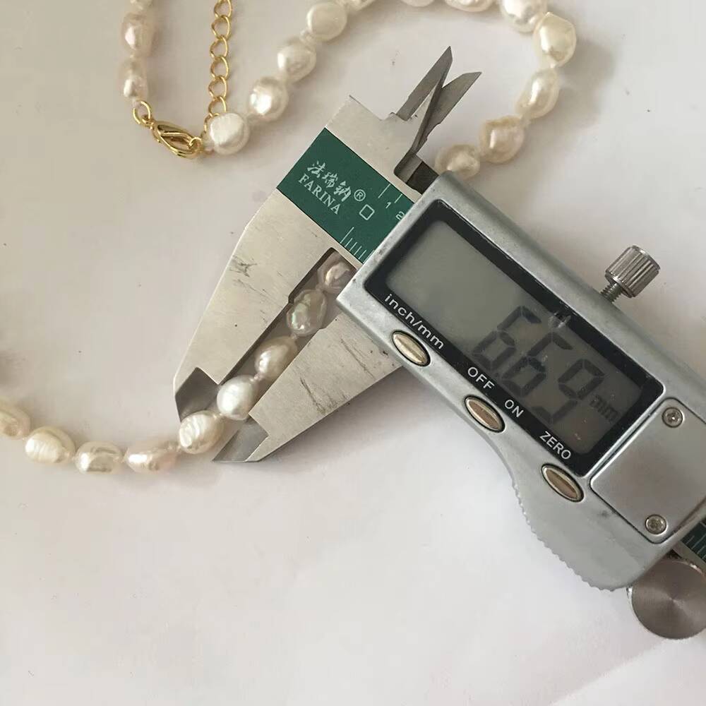 16 Inch+5 CM Choker Necklace 100% Natural Freshwater Pearl 7 MM Baroque Beads Knotted Clasp Stainless Steel 18k GOLD PLATING