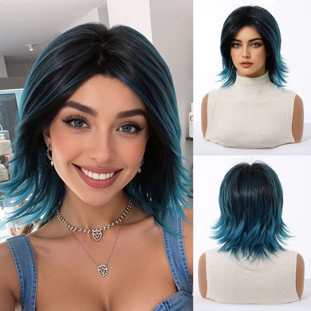 Allbell Magique Short Layered Synthetic Wigs Black To Blue Fake For Women Party Cosplay Use Natural Heat Resistant Hair
