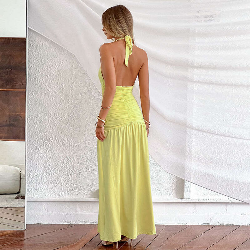 Y25ds069 Women's Spring Summer New Elegant Halter Neck Long Sexy Slit Dress B5