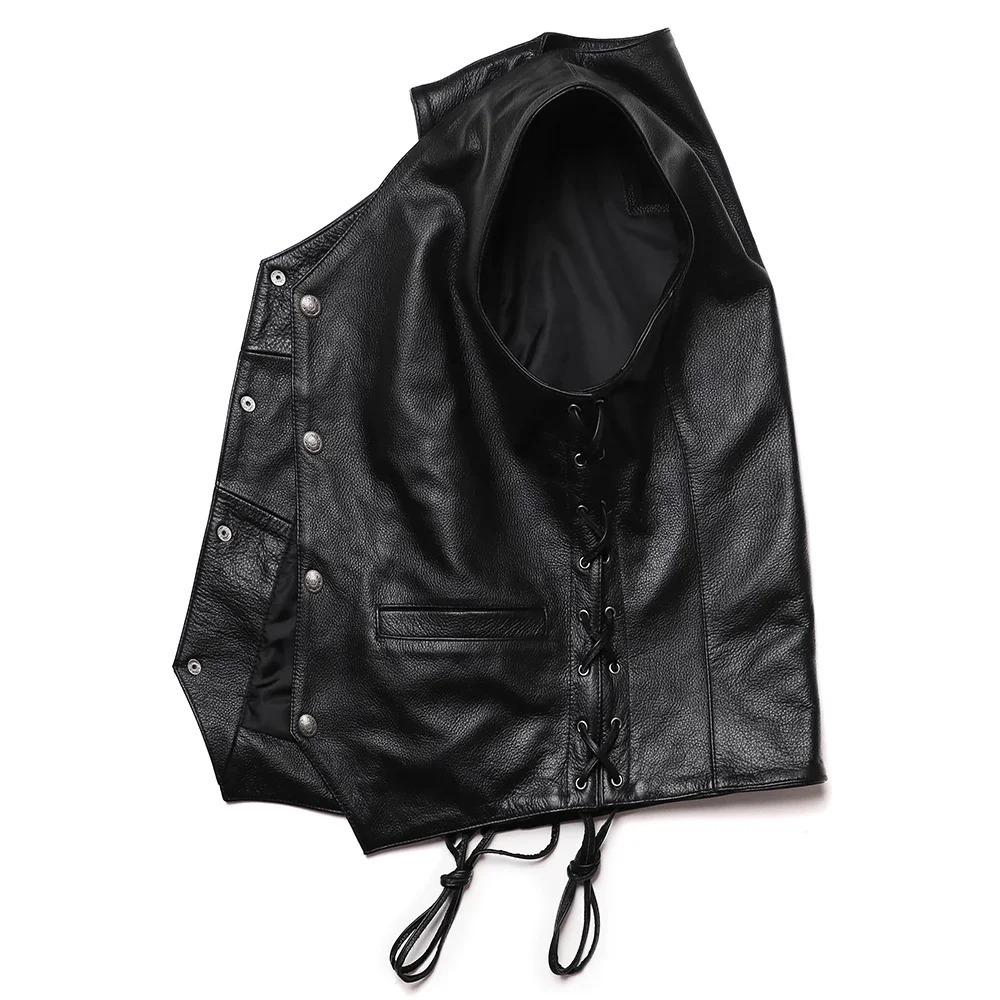 Classical Motorcycle Leather Vest Mens Natural Cowhide Genuine Slim V Neck Tassels Sleeveless Jacket 250725