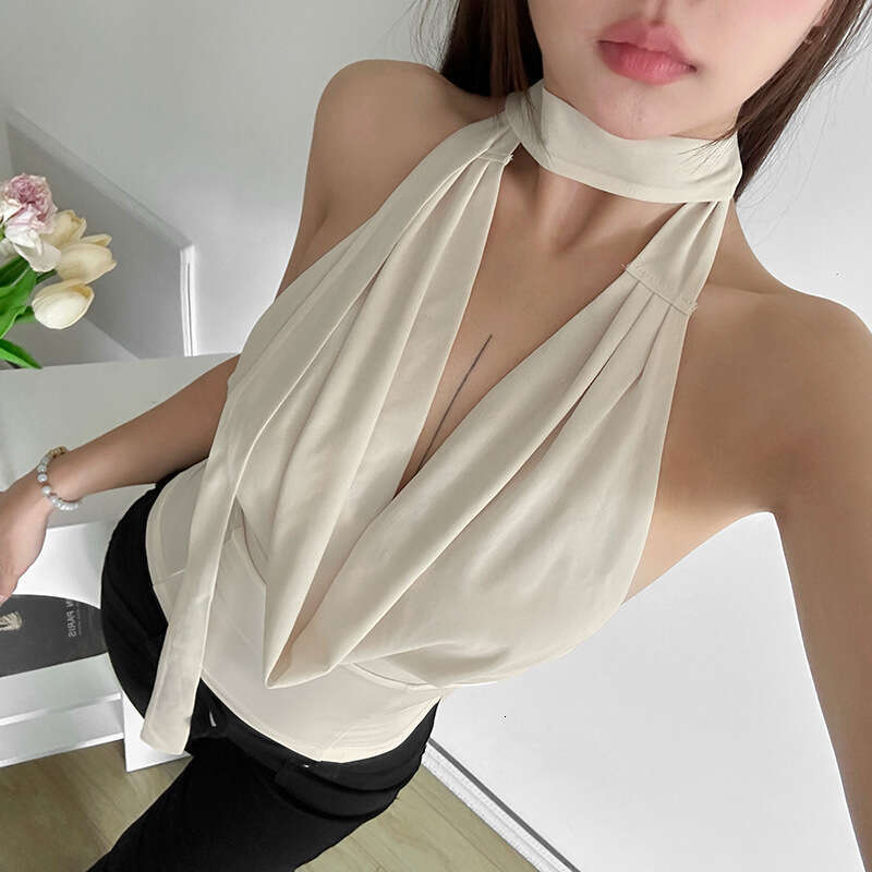 2024 Summer New Women's Solid Color Slim Fit Street Fashion Halter Sexy Backless Tank Top bef