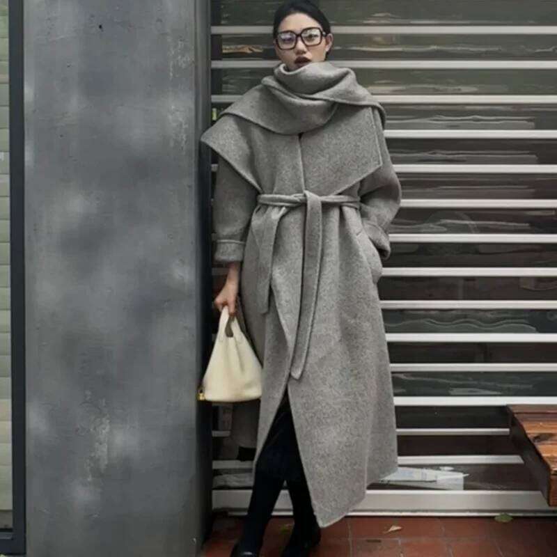 Designer Clothing Autumn Woolen Belt New Shawl Scarf Collar Elegant Female Winter Vintage Lace-Up Overcoat High Street Chic Coats Office Lady Coat Fas