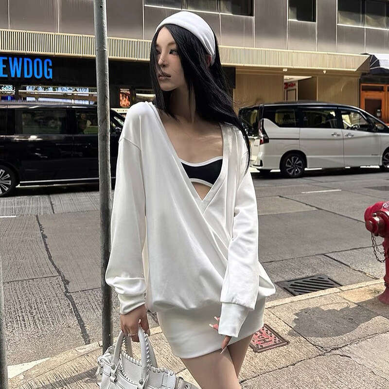 Qds417 Women's Autumn New Solid Color V-Neck Long Sleeve Sexy Bodycon Short Dress B5
