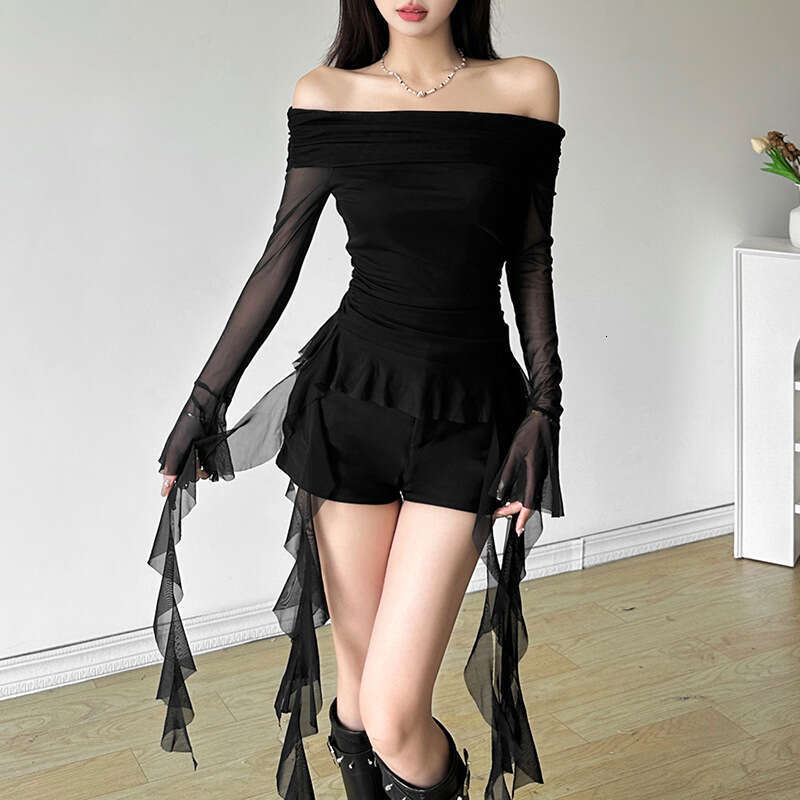 2024 Autumn New Women's Solid Color Slim Fit Street Fashion Off-Shoulder Long Sleeve Backless Top c3d