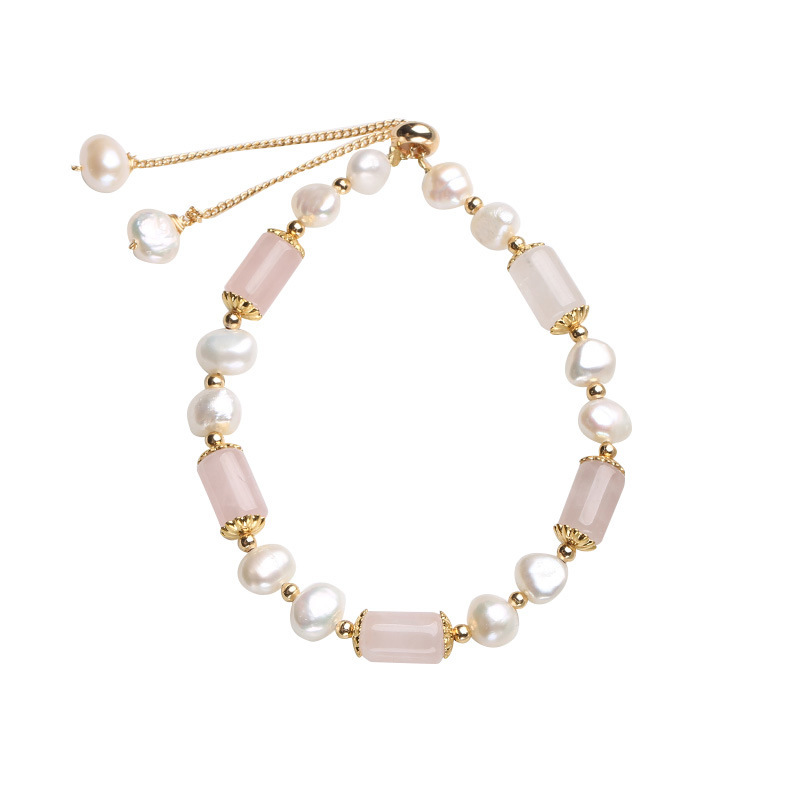 New Design Natural Rose Quartz Barrel Beads & Baroque Freshwater Pearl Bracelet Trendy Fresh Style Jewelry for Women