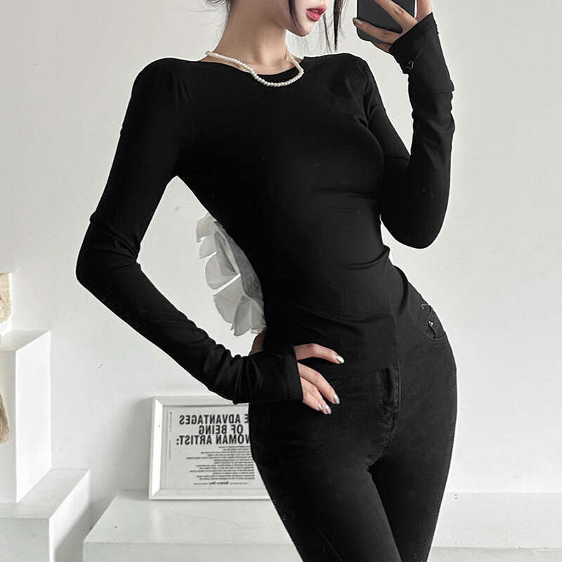 2023 Summer New Women's Fashion Solid Color Slim Fit Round Neck Sexy Backless Long Sleeve T-Shirt 235