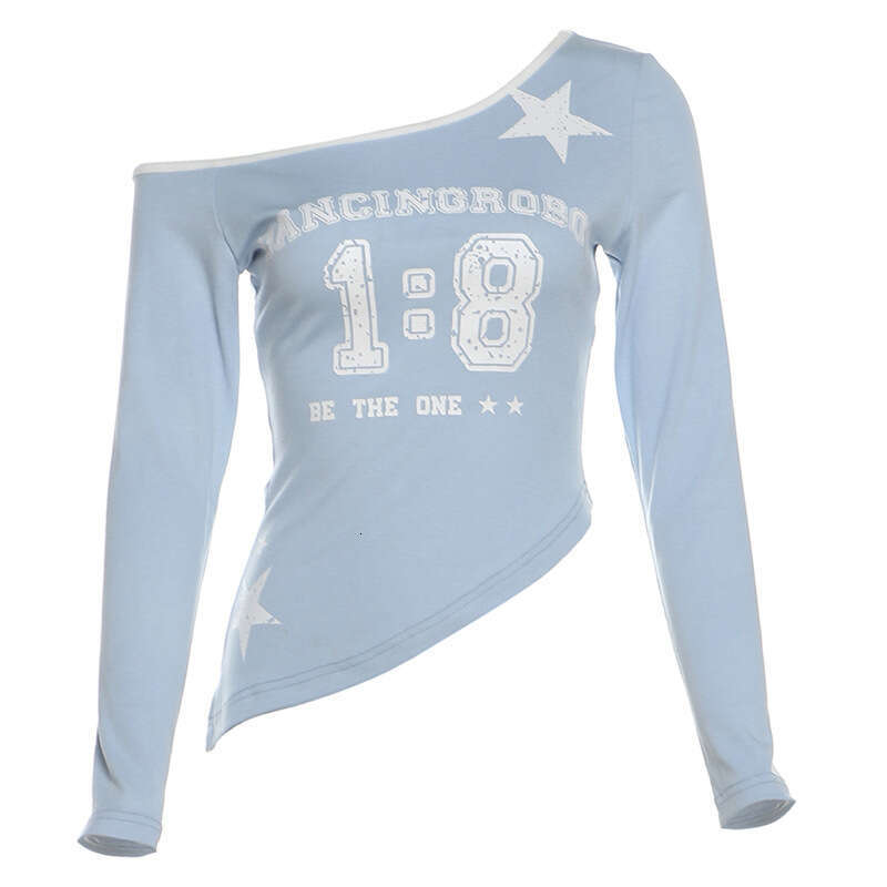 2024 Autumn New Women's Fashion Solid Color Slim Street Style Asymmetrical Neck Long Sleeve Printed Top 840