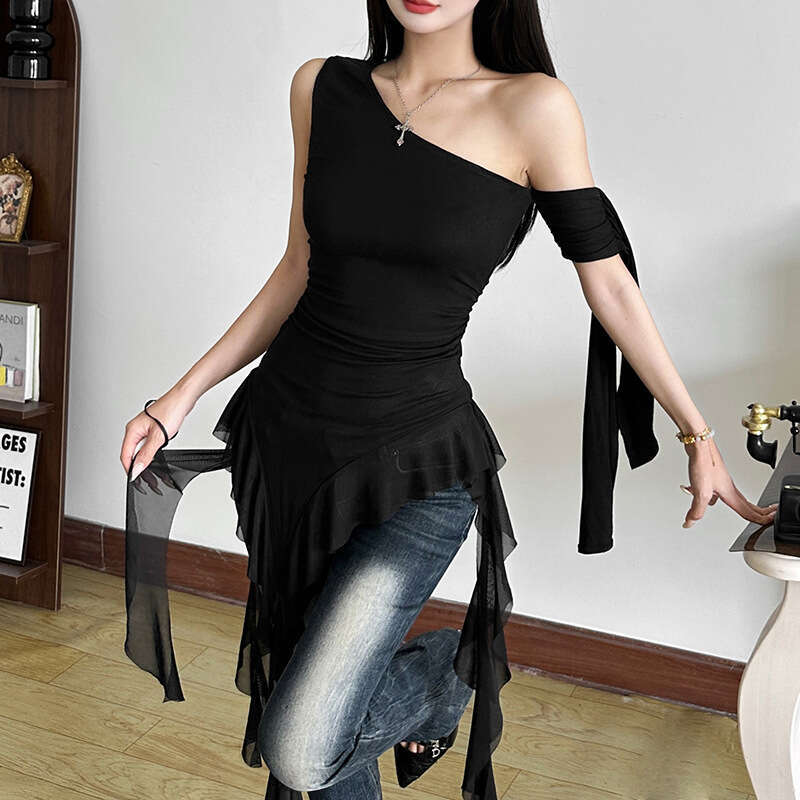 2025 Spring New Women's Fashion Solid Color Slim Street Style One-Shoulder Asymmetrical Neck Sleeveless Top 9a2