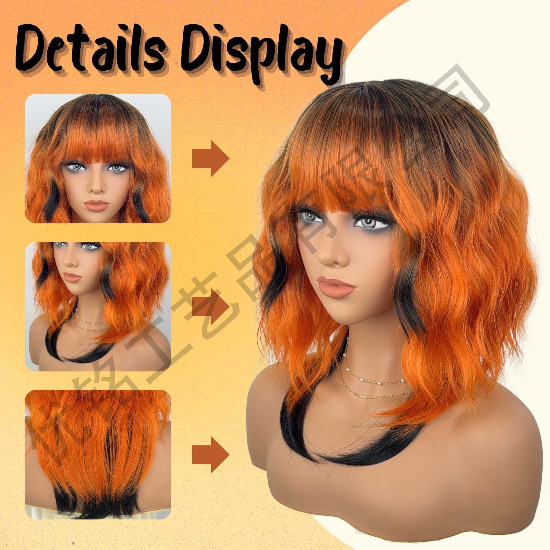 European women's synthetic fiber hair in high-temperature style, short style, curly braid, orange short curly hair head cover, wigs with curly wa
