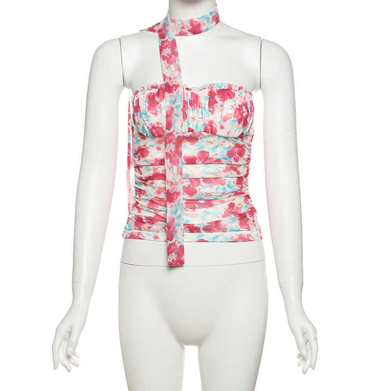 2025 Summer INS Style New Halter Neck Slim Fit Backless Versatile Color Block Printed Sleeveless Top for Women 235