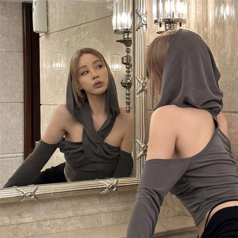 2023 Summer New Women's Solid Color Slim Fit Crop Top Street Fashion Hooded Long Sleeve T-Shirt ee7