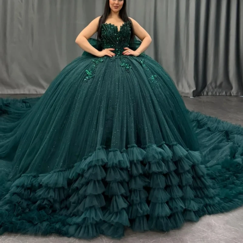 Blackish Green Shiny Quinceanera Dresses Off Shoulder Ball Gown Sweet 16 Dress Applique Beading Bow Tiered Tull Birthday Party Vestidos 15 Anos