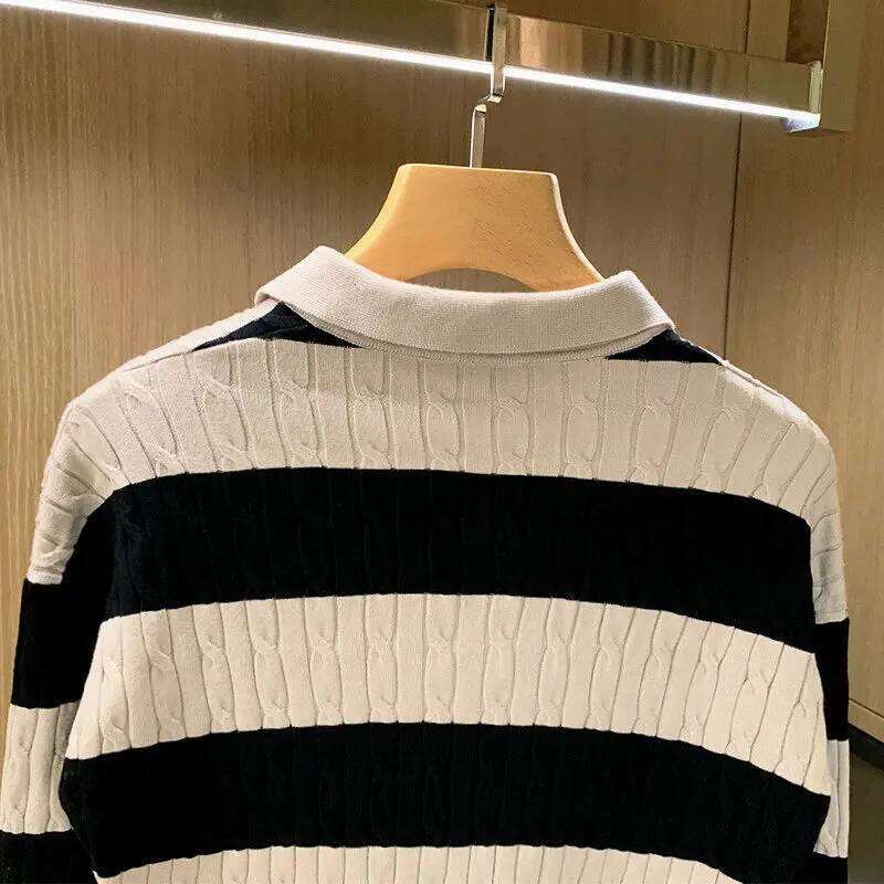 Autumn Winter Men Knitted Polo Striped Turn-Down Collar Shirts Twisted Weaven Patchworked Tops Outwear