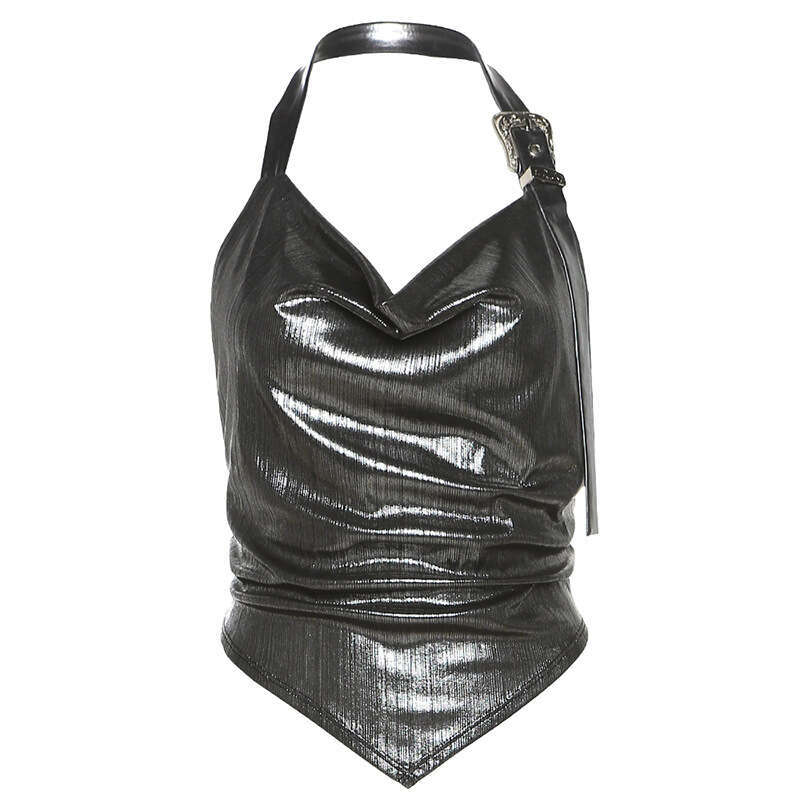 INS Style 2023 Spring Summer New Women's Fashion Slim Fit Halter Sexy Backless Reflective Tank Top 8c8