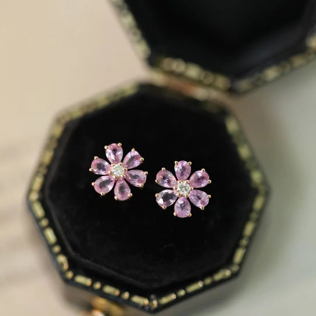 925 Silver Pink Tourmaline Flower Ear Stud Cherry Earrings Ins Sparkling Pink Crystal Ear Cuff For Gifts -selling s 250722