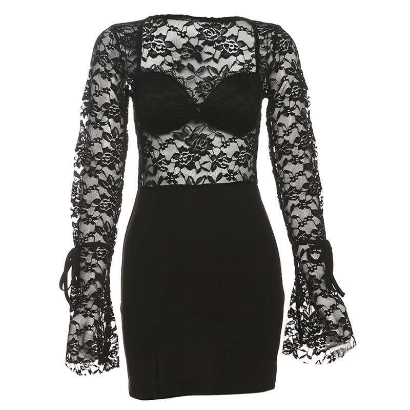 2024 Autumn Winter New Women's Solid Color Slim High Waist Fashion Square Neck Long Sleeve Sheer Dress 941