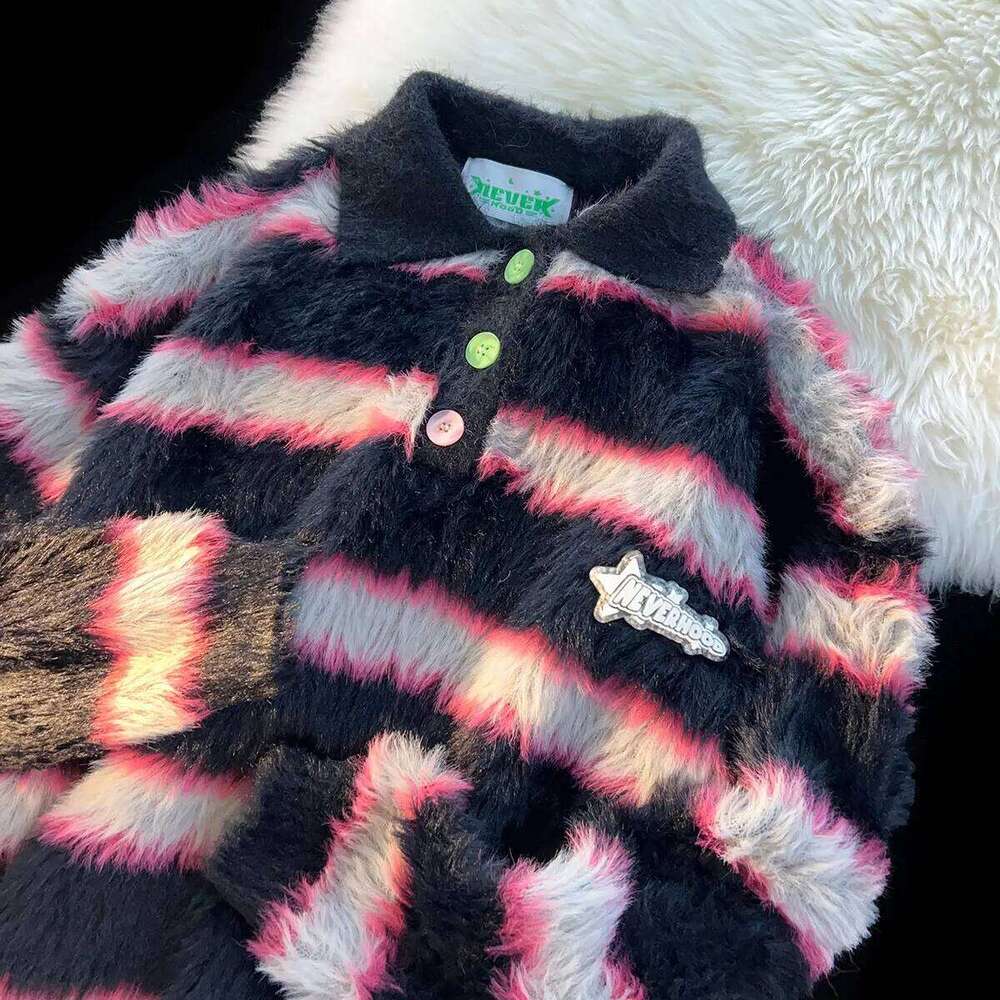 Pink Striped Mohair Knit Sweater Women's Polo Neck Y2K Japanese Small Fresh Loose Pair Pullover Top Boys Girls Spring 2023 New