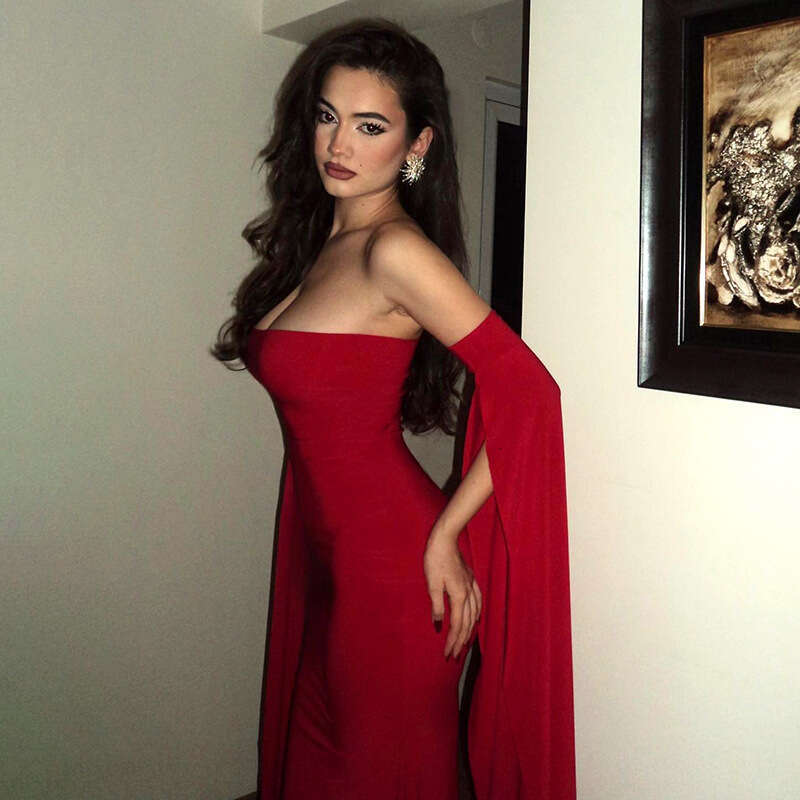 Y24ds609 Women's Autumn New Solid Color Ultra Long Sleeve Sexy Strapless Bodycon Dress B5
