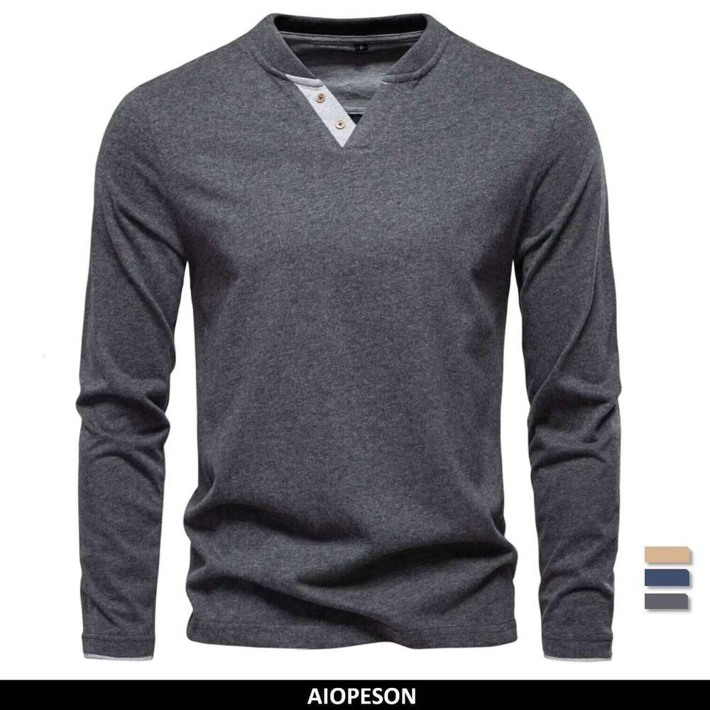 AIOPESON Henley Collar Shirt Men Casual Solid Color Long Sleeve Autumn Fashion High Quality 100% Cotton Mens T Shirts