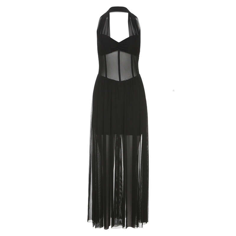 2025 Summer New Sexy Slim Halter Neck Sheer Mesh High Waist Slimming Pure Desire Dress for Women 689