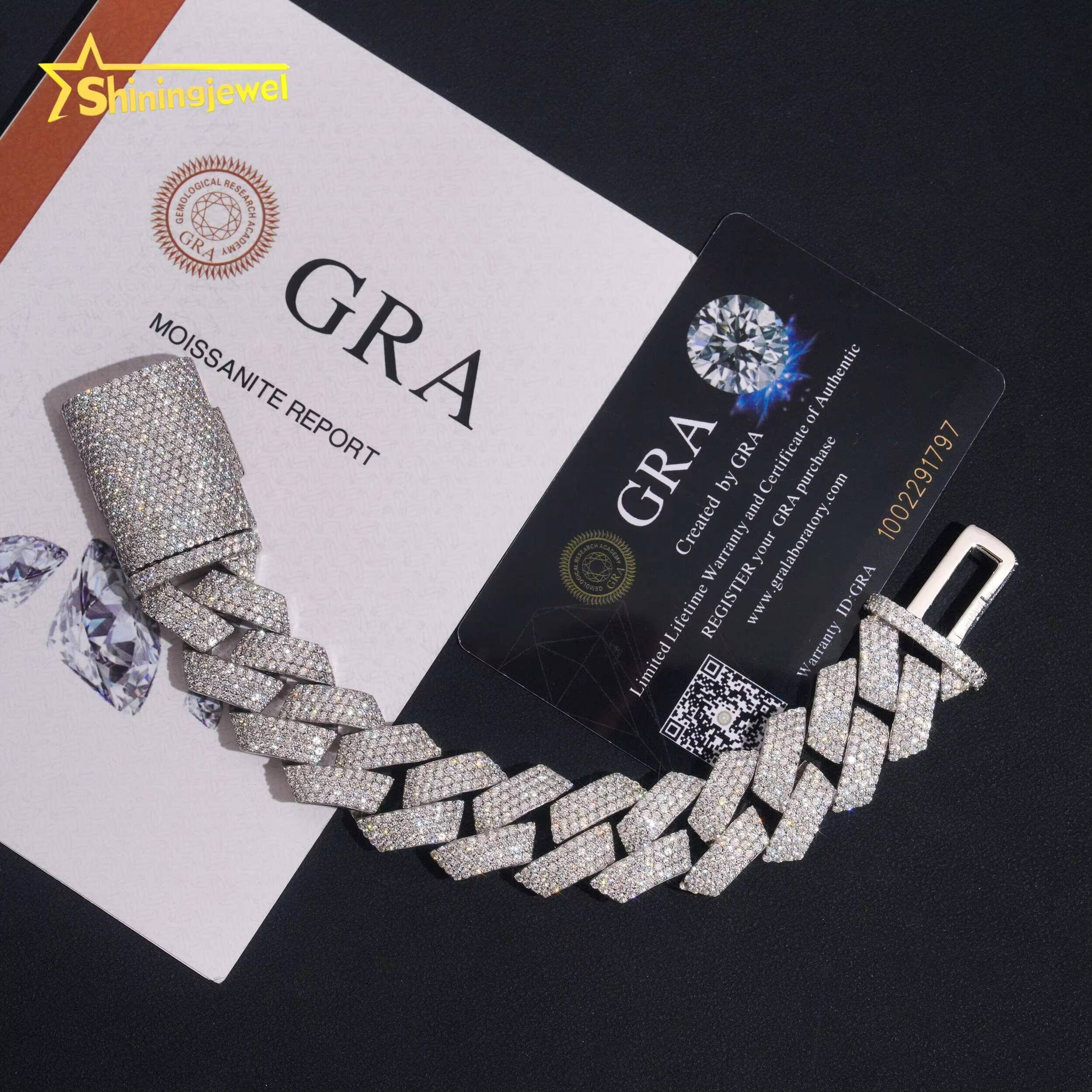 20MM Mens Hip Hop Cuban Bracelet Sterling Silver 925 Gold Plated VVS GRA Moissanite Pass Diamond Test Cuban Link Chain