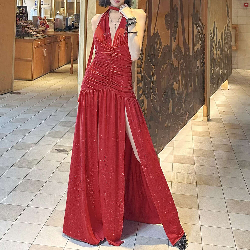 2025 Summer New V-neck Beach Vacation Style Halter Tie Elegant Slim Dress Women's Fashion 978